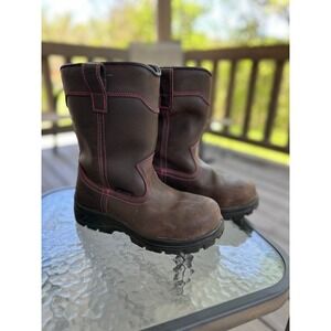 Avenger Work Boots Pull On Steel Toe Waterproof Brown & Pink Leather Womans 7.5M